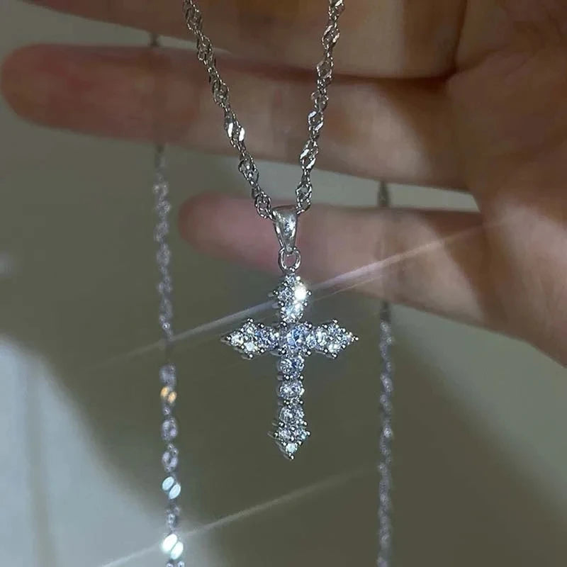 Crystal Cross Pendant Necklace for Gothic Dark Feminine and Y2K Styling