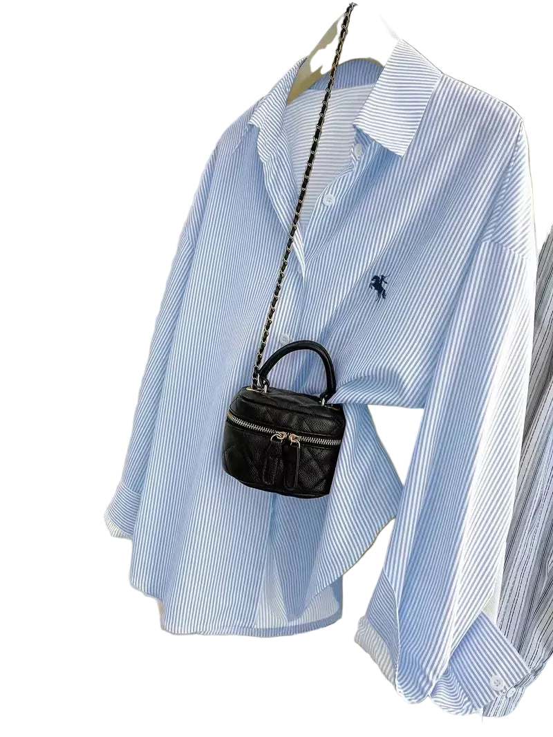 Classic Striped Button-Down Shirt with Subtle Chest Graphic and Relaxed Fit