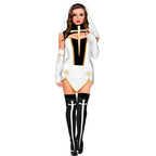 Theatrical Habit-Inspired Mini Dress with Striking Cross Embellishments and Coordinated Headpiece