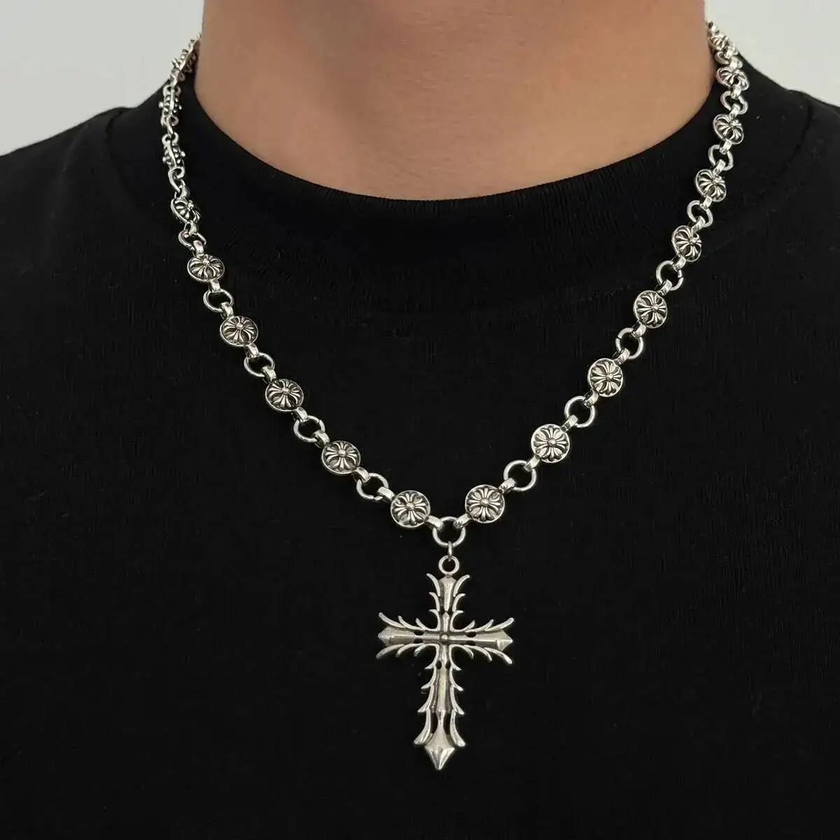 Oversized Cross Pendant Necklace for Punk Gothic Streetwear Statement Styling