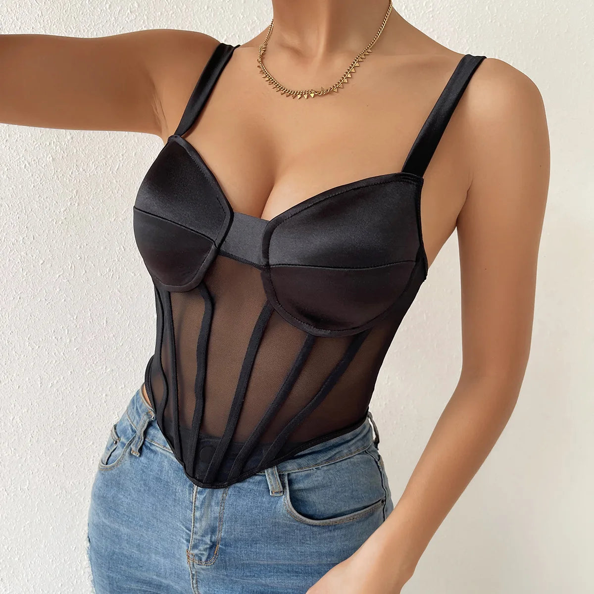Sheer Mesh Bustier Corset Top with Structured Cups and Satin-Inspired Panels