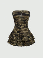 Camouflage Print Strapless Peplum Mini Dress with Halter Detail Contemporary Style