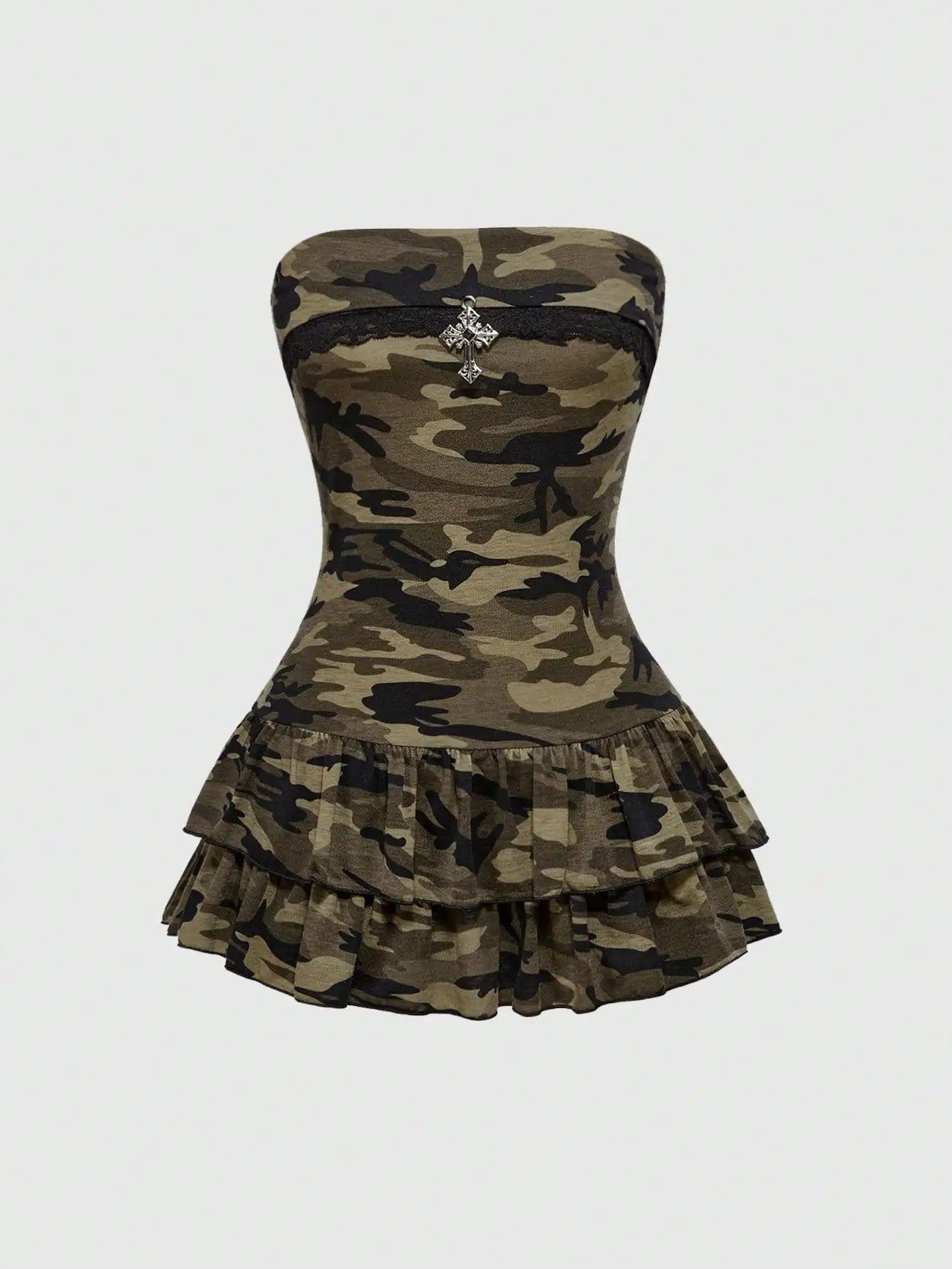 Camouflage Print Strapless Peplum Mini Dress with Halter Detail Contemporary Style