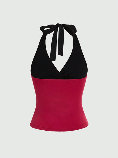 Polka Dot Halter Crop Top with Floral Accent Trendy Summer Style