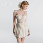 Romantic Cream Tulle Camisole Nightdress with Floral Lace Appliqué