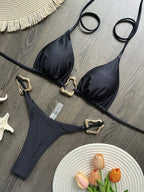 Vibrant Red String Bikini Set with Abstract Gold-Tone Hardware