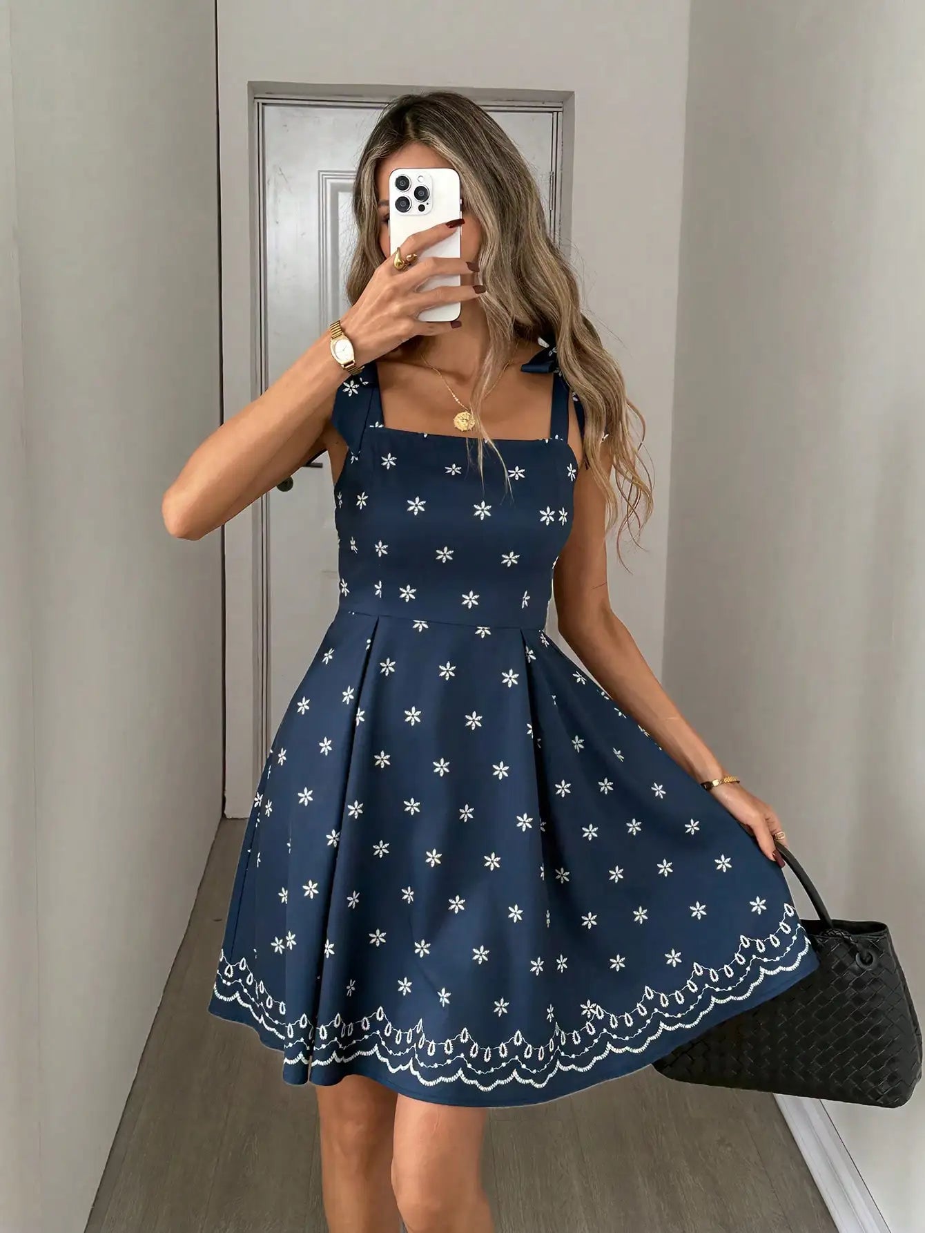 Tie Shoulder Striped A-Line Mini Dress with Square Neck Design