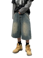 Men's Wide Leg Stonewashed Denim Shorts with Relaxed Knee Length Casual Streetwear Fit
