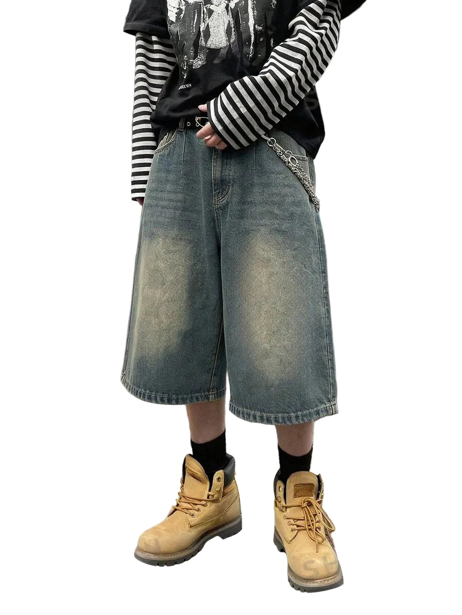 Men's Wide Leg Stonewashed Denim Shorts with Relaxed Knee Length Casual Streetwear Fit