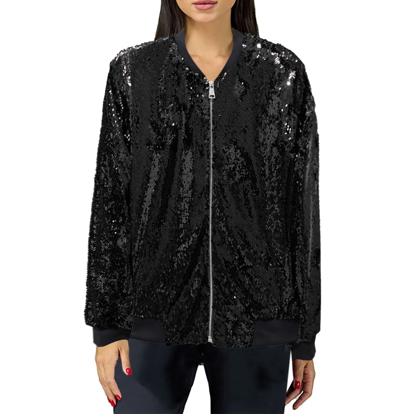 Women's Sequin Zip-Up Bomber Jacket with Contemporary Statement Streetwear Party Style
