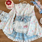 Pink Floral Wa-Lolita Maid Dress with Flowing Kimono Sleeves and Ruffled Apron