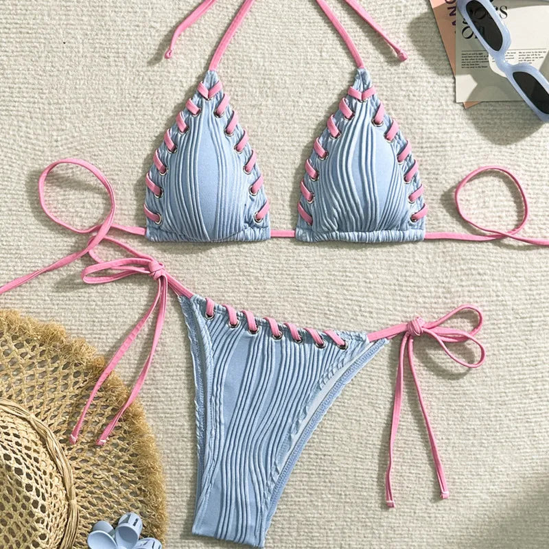 Textured Cream String Bikini with Braided Contrast Border Trim