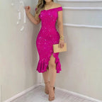 Off Shoulder Sequin Gothic Party Midi Dress With Side Slit