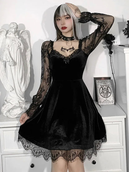 Velvet Gothic Skater Dress with Lace Sleeves and Dark Romantic Style