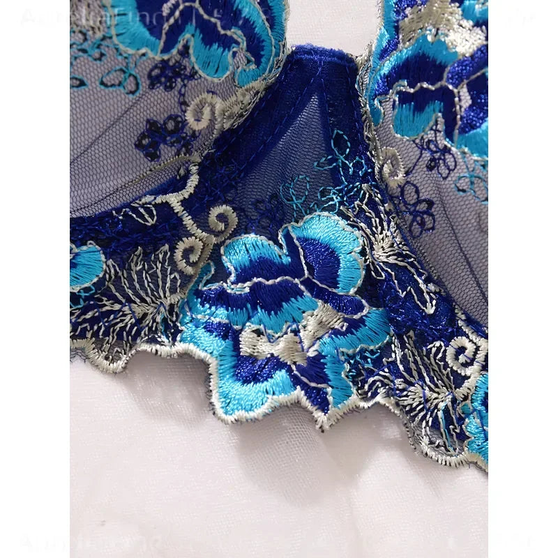 Royal Blue 3D Floral Embroidered Sheer Mesh Balconette Bra and Strappy Thong Set