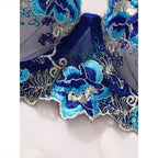 Royal Blue 3D Floral Embroidered Sheer Mesh Balconette Bra and Strappy Thong Set