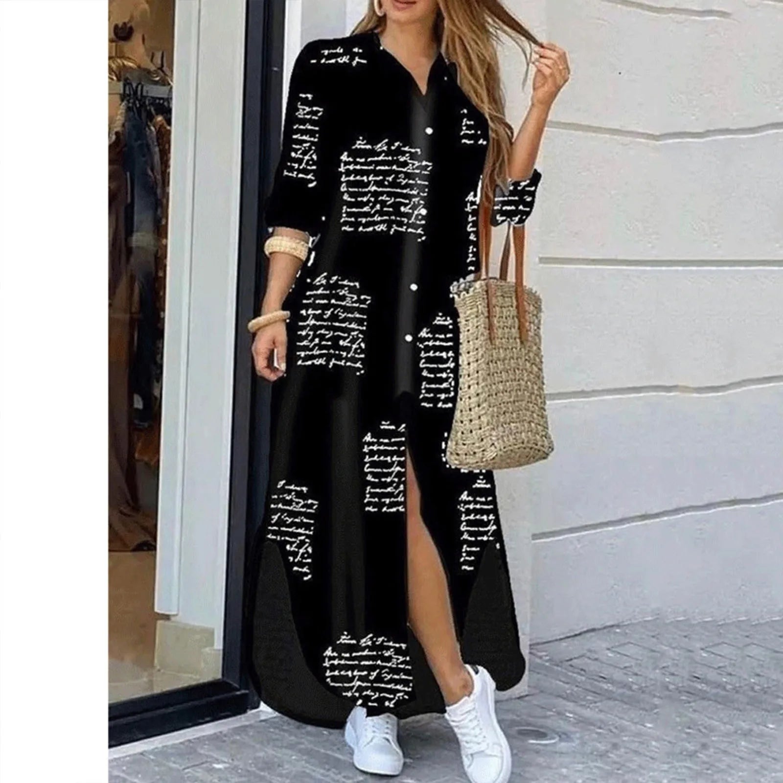 Button Front Shirt Maxi Dress with Relaxed Side Slit Styling