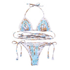Delicate Floral Triangle Bikini with Ruffle Trim and Wrap-Around Ties