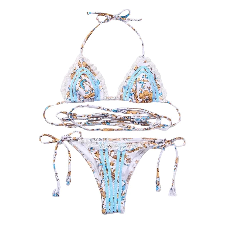 Delicate Floral Triangle Bikini with Ruffle Trim and Wrap-Around Ties