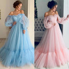 Romantic Off-The-Shoulder Pink Tulle Maxi Dress with Tiered Skirt