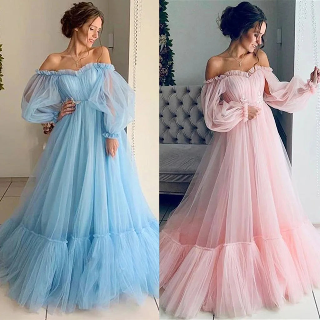 Romantic Off-The-Shoulder Pink Tulle Maxi Dress with Tiered Skirt