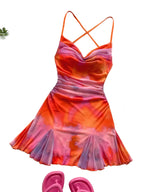 Tie Dye Ruched Mini Dress with Sweetheart Neckline and Flared Hem