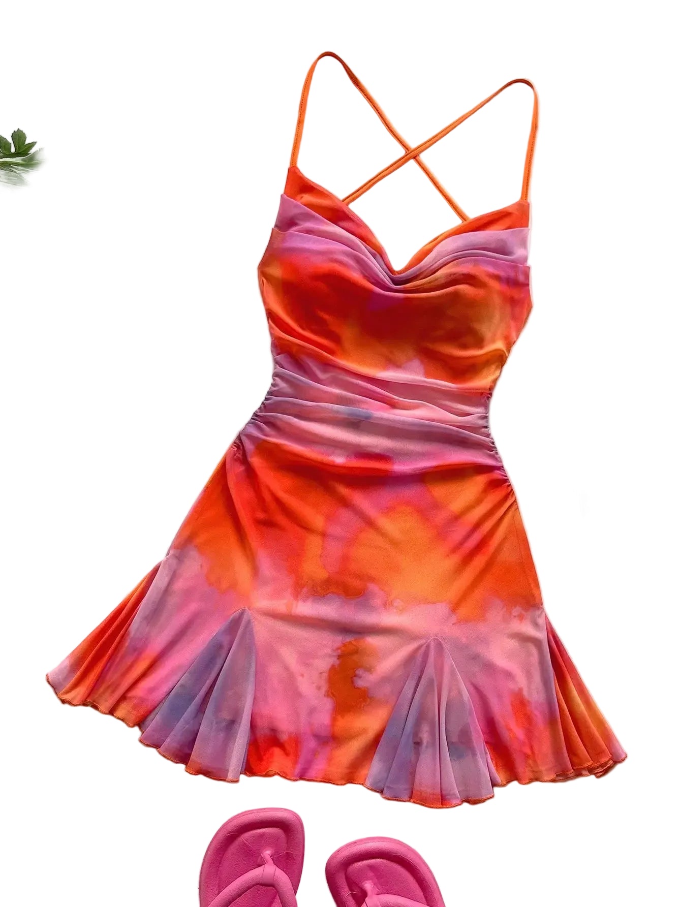Tie Dye Ruched Mini Dress with Sweetheart Neckline and Flared Hem