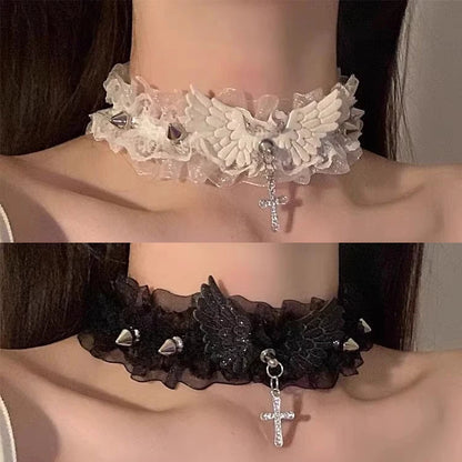 Vintage Lace Wing Bow Choker Necklace with Gothic Heart Pendant Accent
