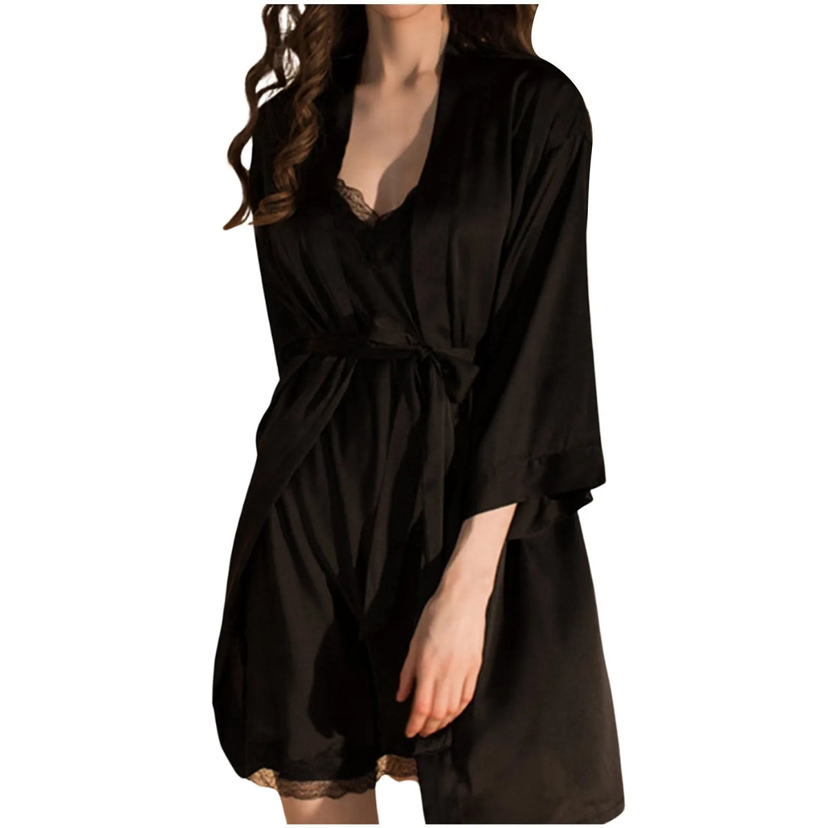 Classic Two-Piece Satin-Finish Slip Dress and Wrap Robe Set with Delicate Lace Accents