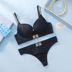Rhinestone Logo Strap Plunge Push-Up Bra and Matching Embellished Brazilian Thong Set