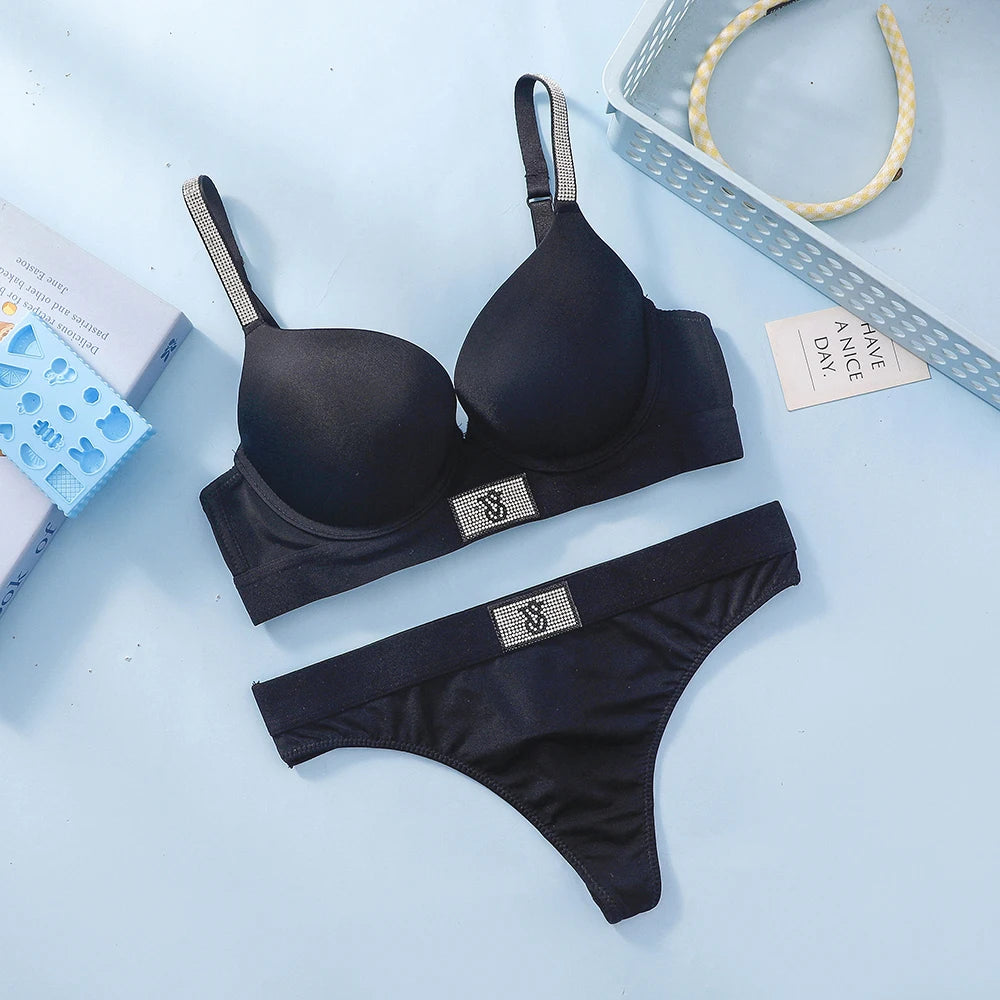 Rhinestone Logo Strap Plunge Push-Up Bra and Matching Embellished Brazilian Thong Set