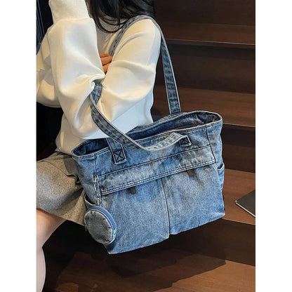 Washed Texture Utility Tote Shoulder Bag with Multi Pocket Design