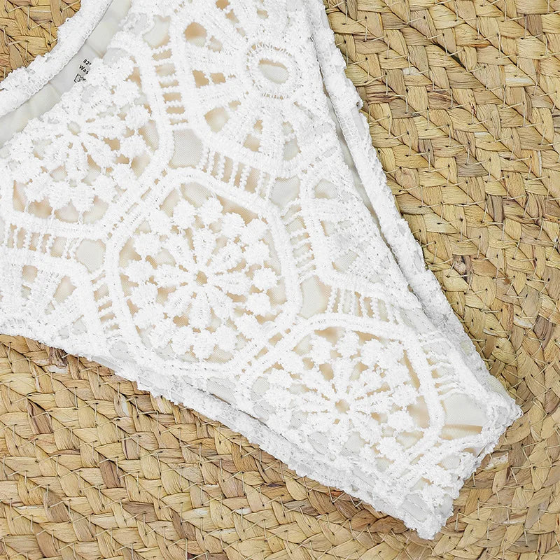 Cream Crochet Three-Piece Swimwear Set with Halter Bikini and Sheer Maxi Skirt