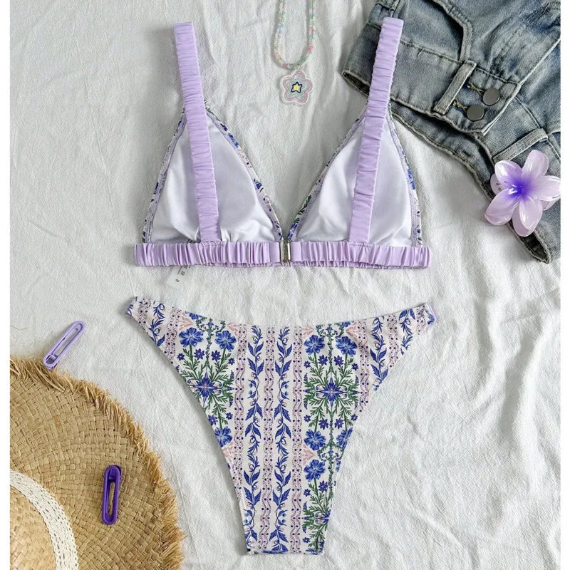 Romantic Lavender Floral Triangle Bikini with Ruched Strap Detailing