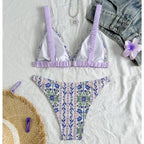 Romantic Lavender Floral Triangle Bikini with Ruched Strap Detailing