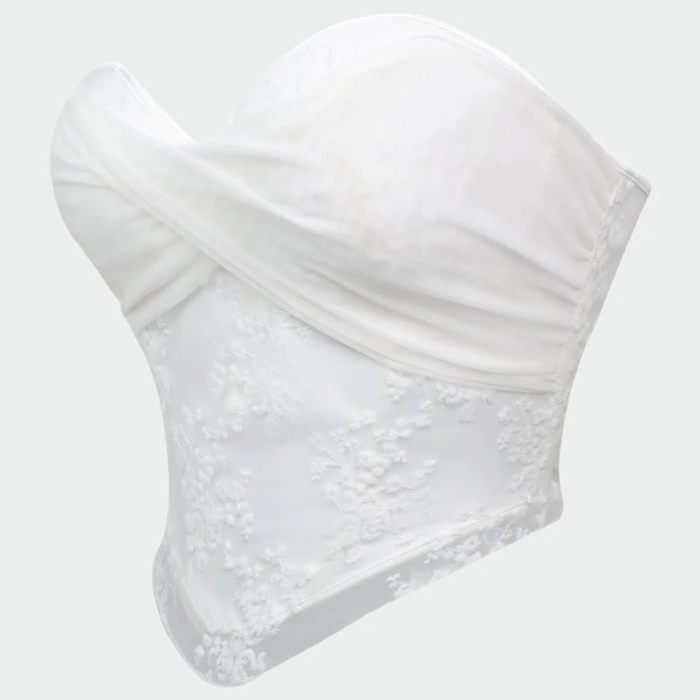 Ethereal White Strapless Corset with Draped Sweetheart Bodice and Lace Overlay