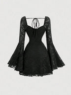 Bell Sleeve Lace Gothic Mini Dress with Dark Romantic Aesthetic