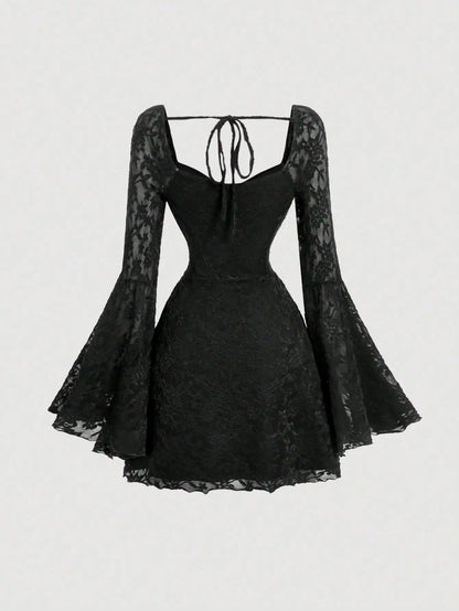 Bell Sleeve Lace Gothic Mini Dress with Dark Romantic Aesthetic
