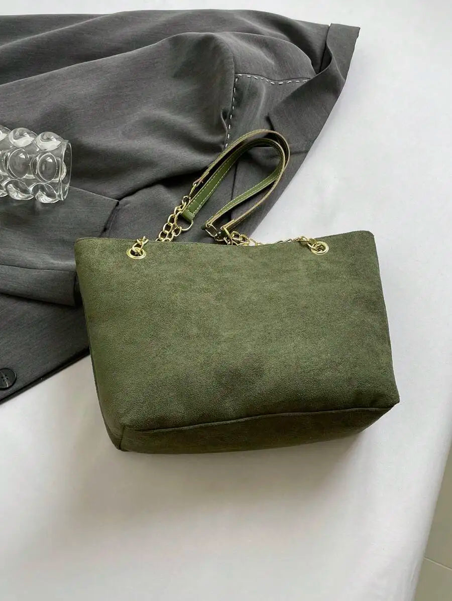 Soft Faux Suede Chain Strap Shoulder Tote Bag with Relaxed Silhouette