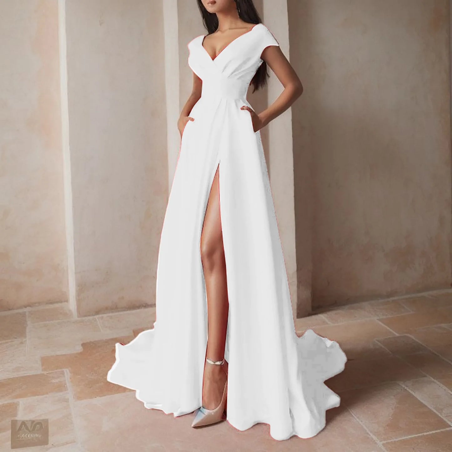 Off Shoulder Maxi Dress With Deep Neckline And Front Slit