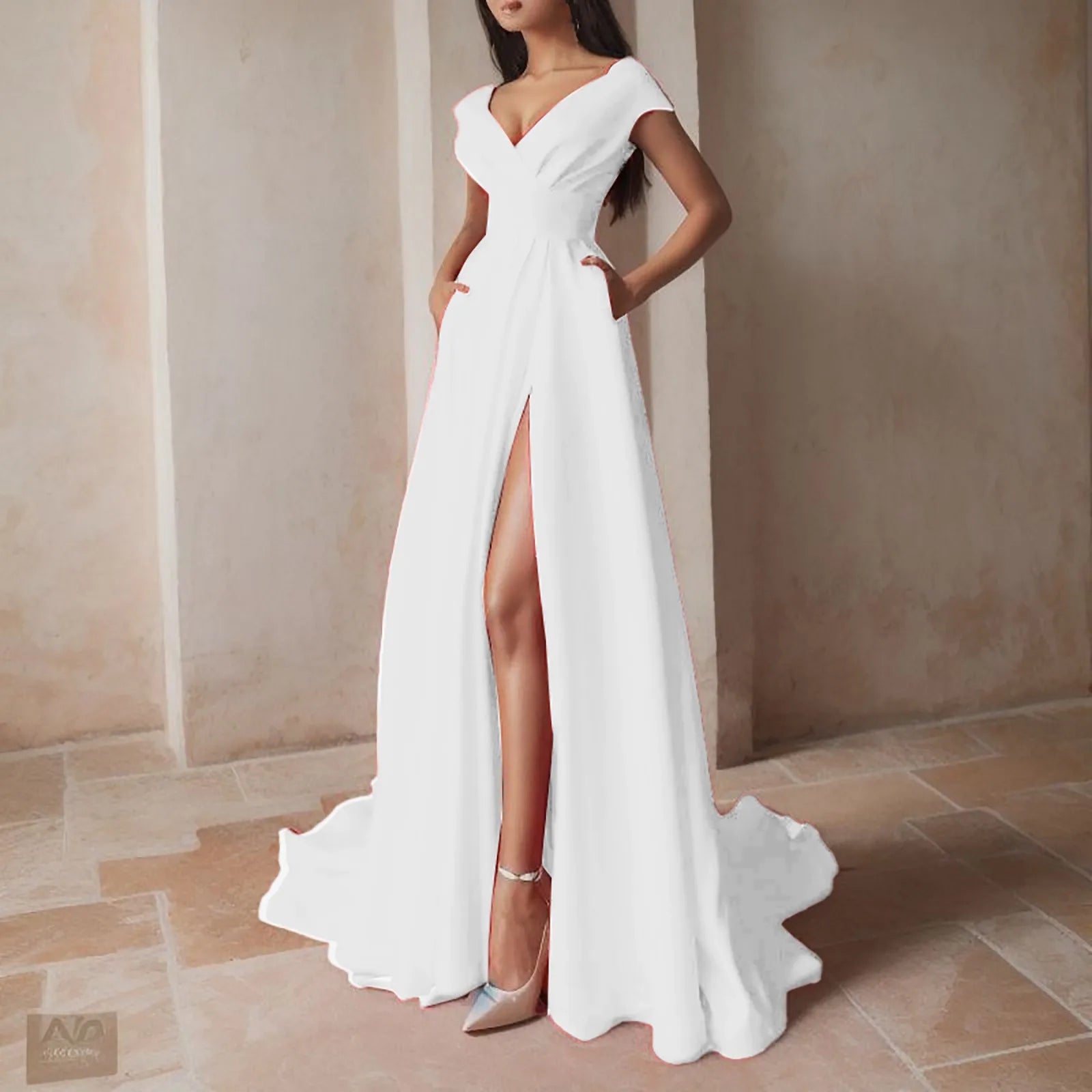 Off Shoulder Maxi Dress With Deep Neckline And Front Slit