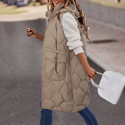 Women's Long Quilted Hooded Puffer Vest Relaxed Casual Streetwear Layering Outerwear