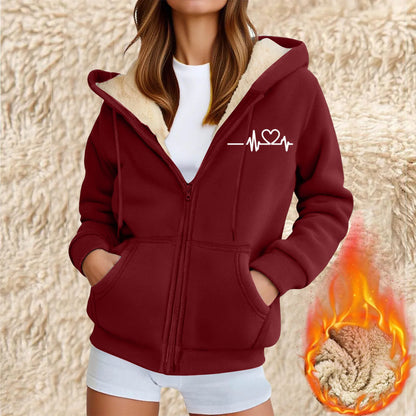 Women's Hooded Plush Fleece Zip Jacket with Minimal Heart Graphic Streetwear Style