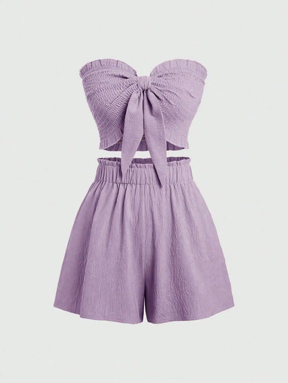 Front Knot Strapless Top and Shorts Summer Casual Co-Ord Set