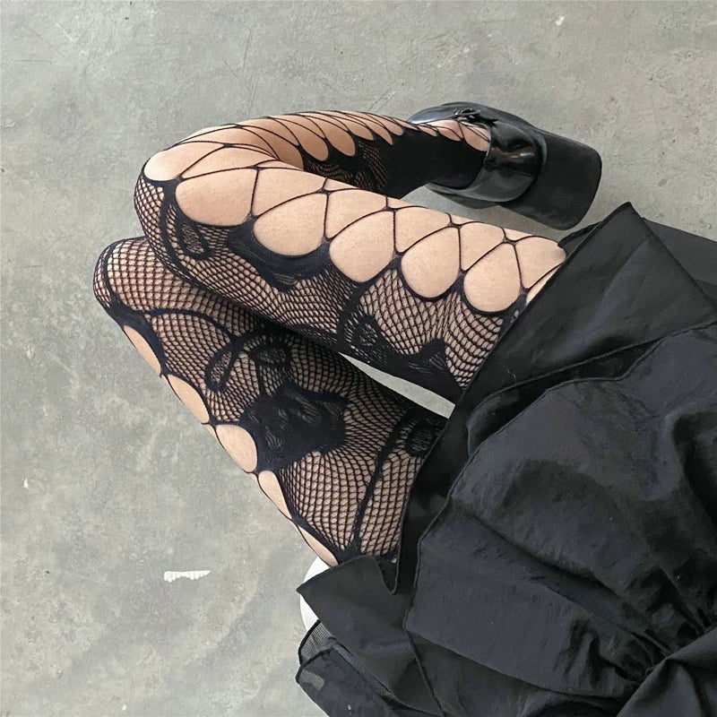 Floral Pattern Fishnet Tights with Open Mesh Design for Alternative Streetwear Fashion