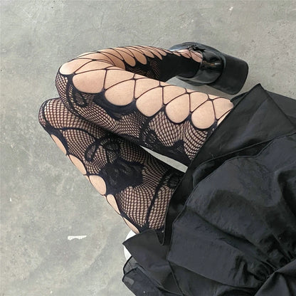 Floral Pattern Fishnet Tights with Open Mesh Design for Alternative Streetwear Fashion