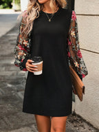 Embroidered Mesh Lantern Sleeve Relaxed Mini Dress with Statement Floral Details