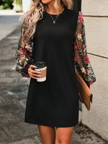 Embroidered Mesh Lantern Sleeve Relaxed Mini Dress with Statement Floral Details