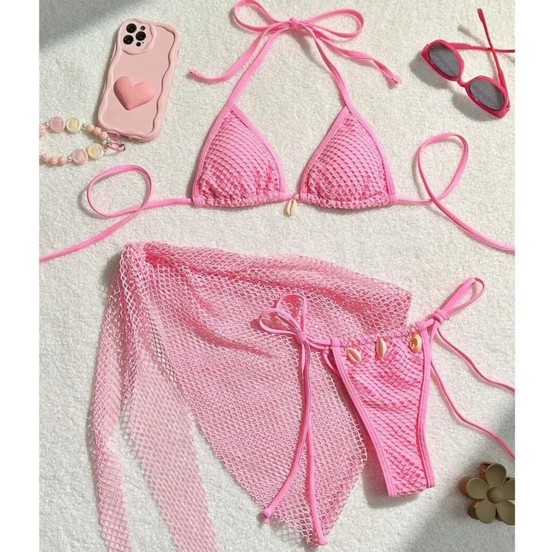 Earthy Textured Three-Piece Triangle Bikini Set with Cowrie Shell Accents and Net Skirt