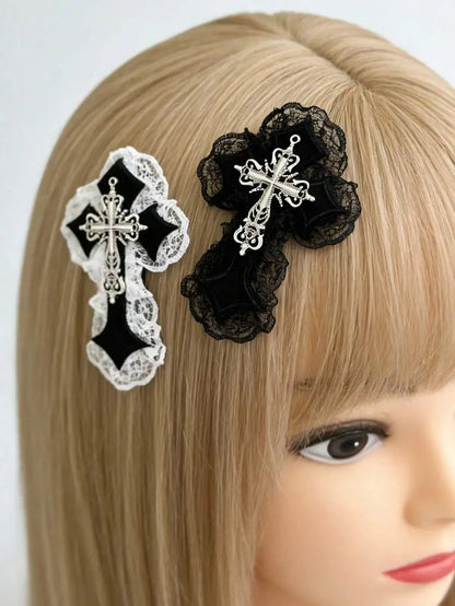 Gothic Lace Cross Hair Clips Y2K Alternative Statement Hair Accessories